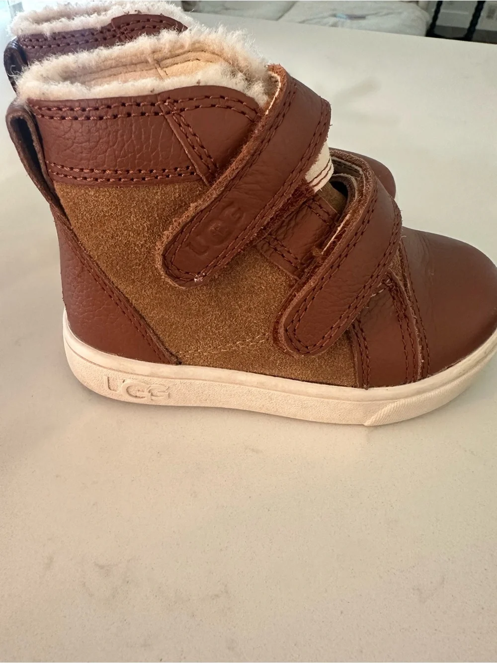UGG Kids Brown Velcro Faux-Leather Lined Boots